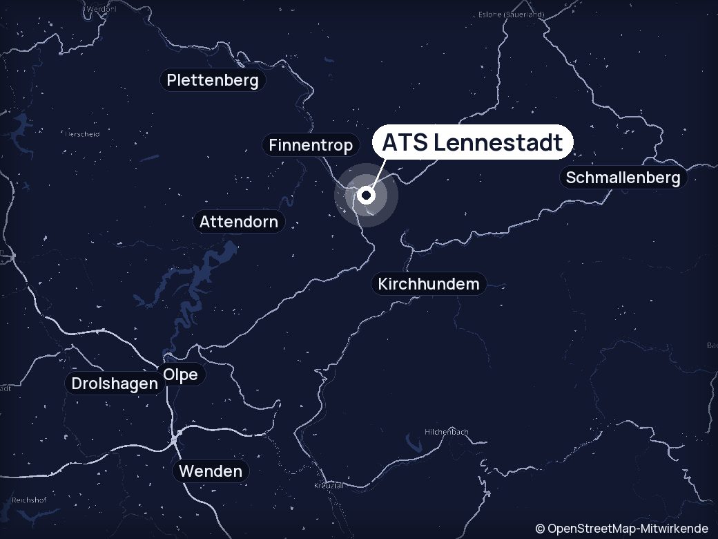 Karte: ATS in Lennestadt, umgeben von Finnentrop, Attendorn, Kirchhundem, Schmallenberg, Plettenberg, Olpe, Drolshagen und Wenden